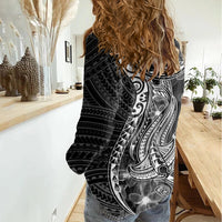 Black Polynesia Women Casual Shirt Shark Tattoo With Polynesian Plumeria - Wonder Print Shop