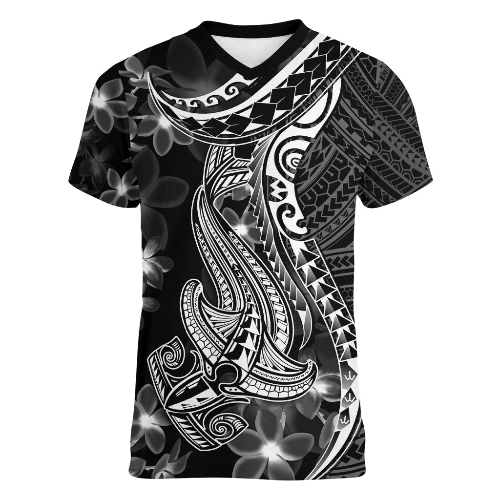 Black Polynesia Women V Neck T Shirt Shark Tattoo With Polynesian Plumeria - Wonder Print Shop
