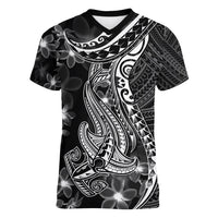 Black Polynesia Women V Neck T Shirt Shark Tattoo With Polynesian Plumeria - Wonder Print Shop