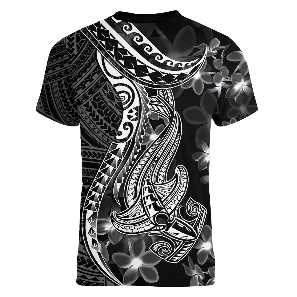 Black Polynesia Women V Neck T Shirt Shark Tattoo With Polynesian Plumeria - Wonder Print Shop