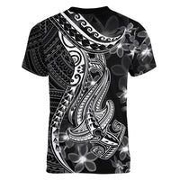 Black Polynesia Women V Neck T Shirt Shark Tattoo With Polynesian Plumeria - Wonder Print Shop