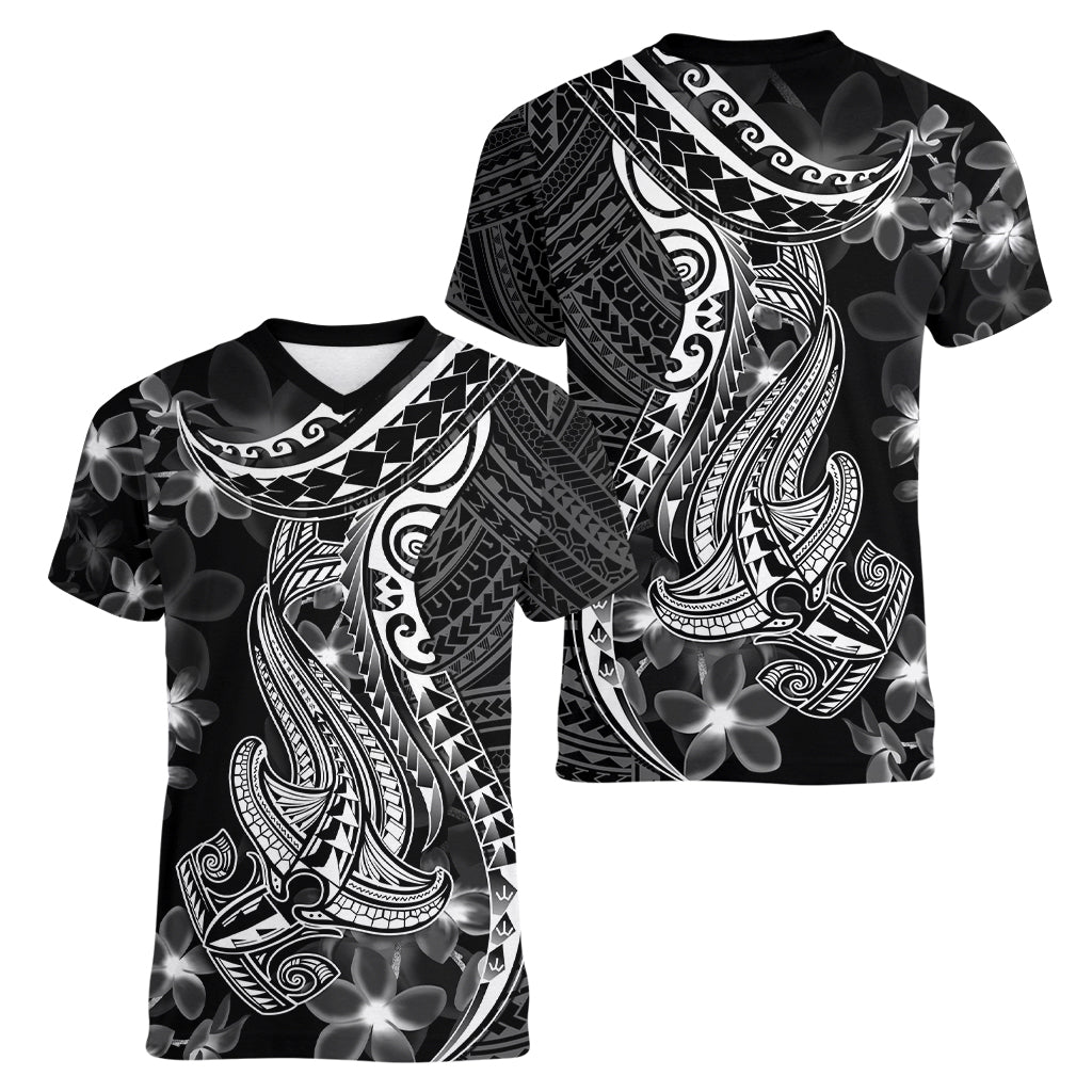 Black Polynesia Women V Neck T Shirt Shark Tattoo With Polynesian Plumeria - Wonder Print Shop