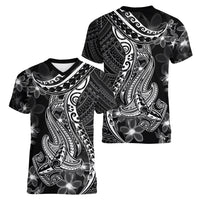 Black Polynesia Women V Neck T Shirt Shark Tattoo With Polynesian Plumeria - Wonder Print Shop