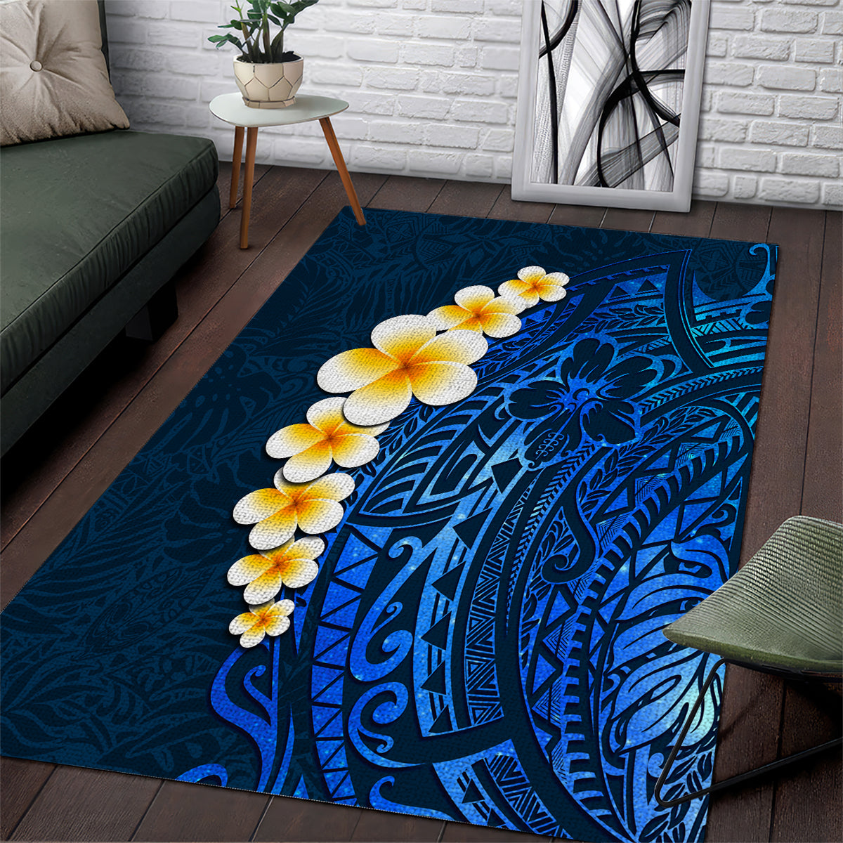 Blue Polynesia Area Rug Plumeria Tropical Leaves With Galaxy Polynesian Art - Wonder Print Shop