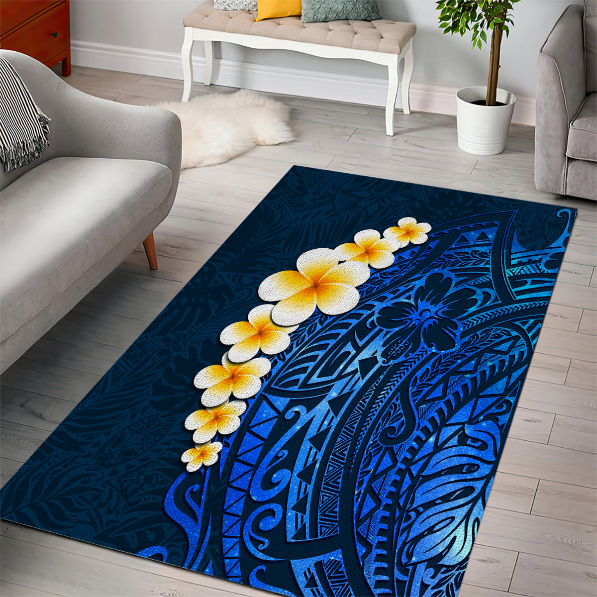 Blue Polynesia Area Rug Plumeria Tropical Leaves With Galaxy Polynesian Art - Wonder Print Shop