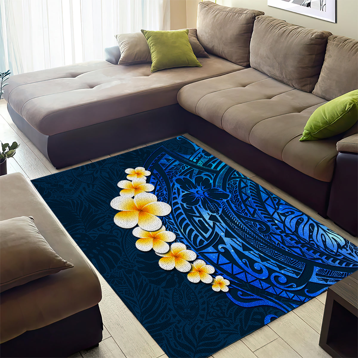 Blue Polynesia Area Rug Plumeria Tropical Leaves With Galaxy Polynesian Art - Wonder Print Shop