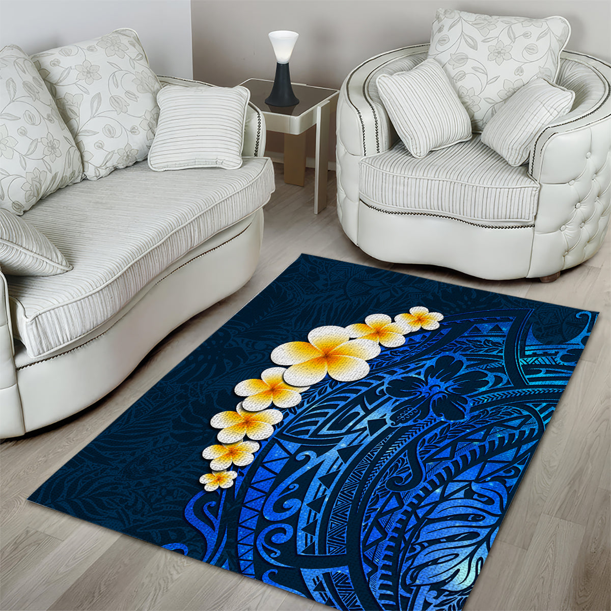 Blue Polynesia Area Rug Plumeria Tropical Leaves With Galaxy Polynesian Art - Wonder Print Shop