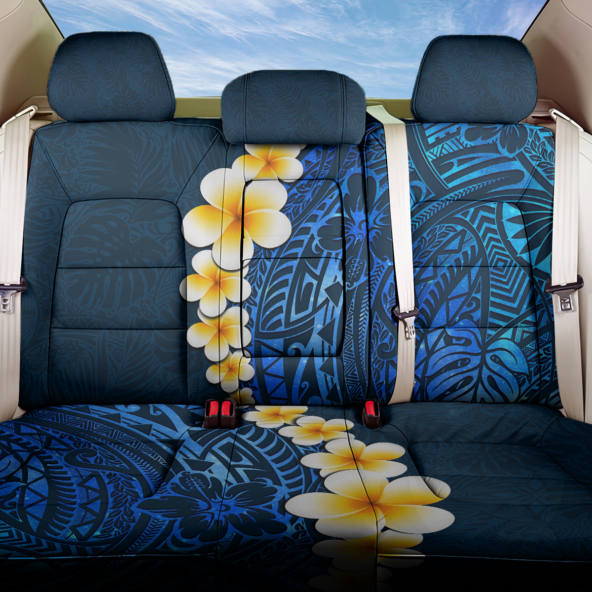 Blue Polynesia Back Car Seat Cover Plumeria Tropical Leaves With Galaxy Polynesian Art - Wonder Print Shop