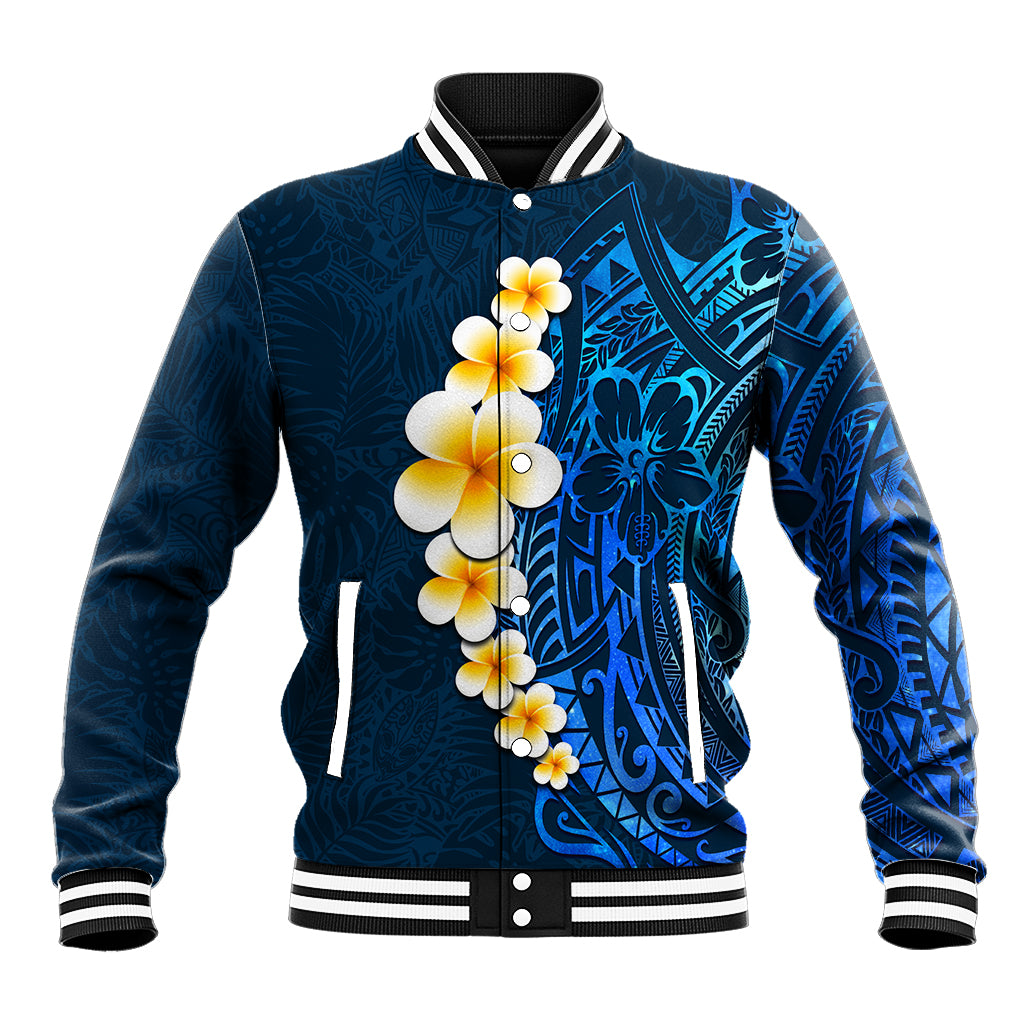 Blue Polynesia Baseball Jacket Plumeria Tropical Leaves With Galaxy Polynesian Art - Wonder Print Shop