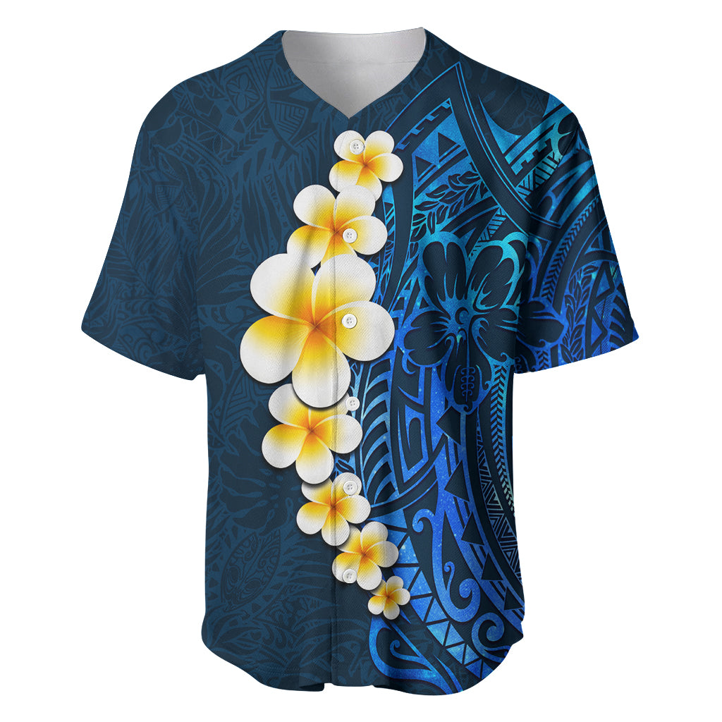 Blue Polynesia Baseball Jersey Plumeria Tropical Leaves With Galaxy Polynesian Art - Wonder Print Shop