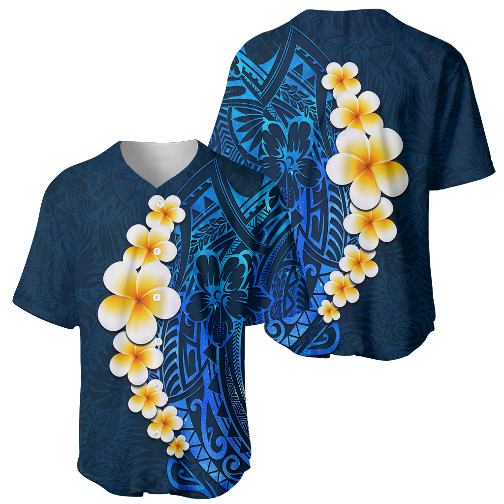 Blue Polynesia Baseball Jersey Plumeria Tropical Leaves With Galaxy Polynesian Art - Wonder Print Shop