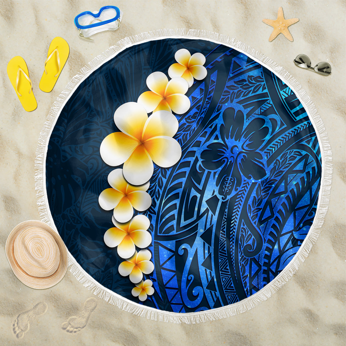 Blue Polynesia Beach Blanket Plumeria Tropical Leaves With Galaxy Polynesian Art - Wonder Print Shop