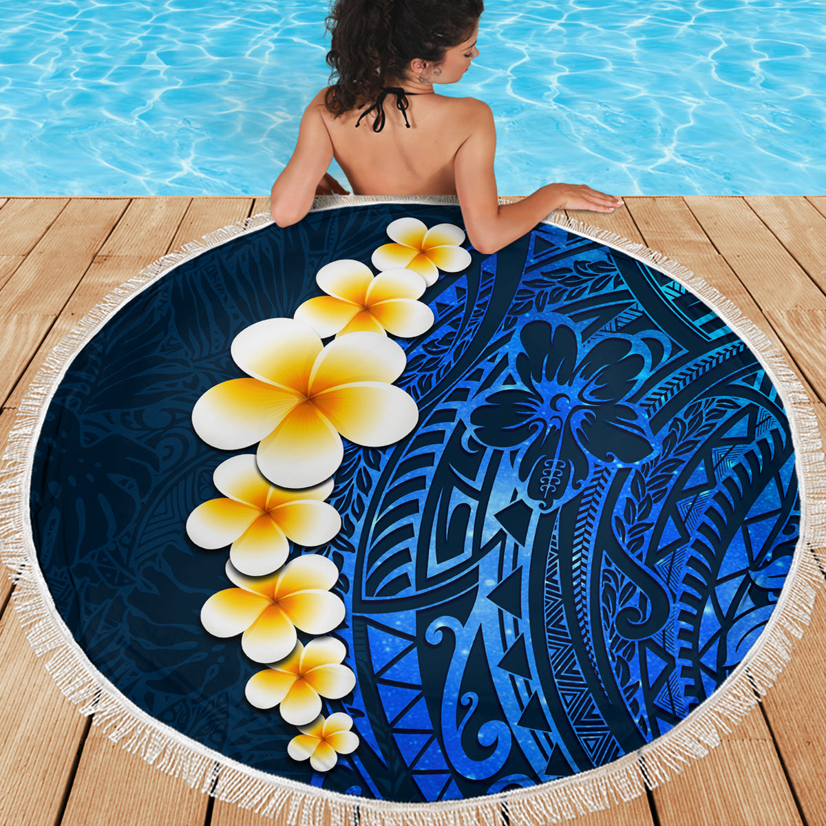Blue Polynesia Beach Blanket Plumeria Tropical Leaves With Galaxy Polynesian Art - Wonder Print Shop