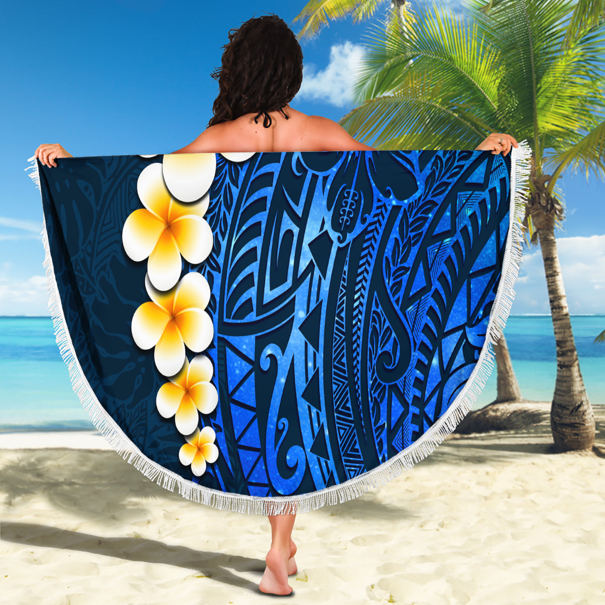 Blue Polynesia Beach Blanket Plumeria Tropical Leaves With Galaxy Polynesian Art - Wonder Print Shop
