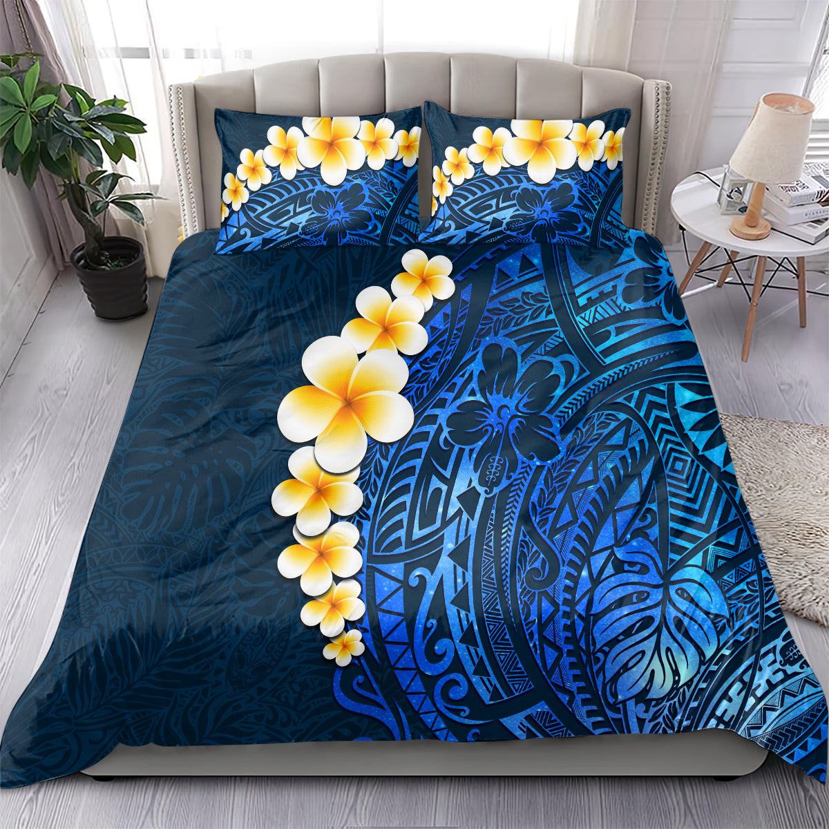 Blue Polynesia Bedding Set Plumeria Tropical Leaves With Galaxy Polynesian Art - Wonder Print Shop