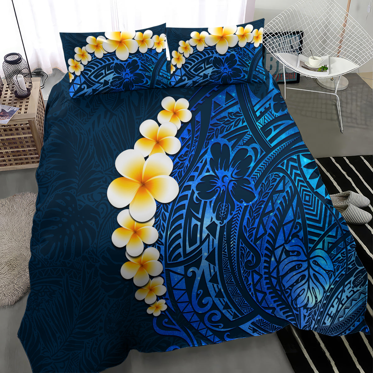 Blue Polynesia Bedding Set Plumeria Tropical Leaves With Galaxy Polynesian Art - Wonder Print Shop