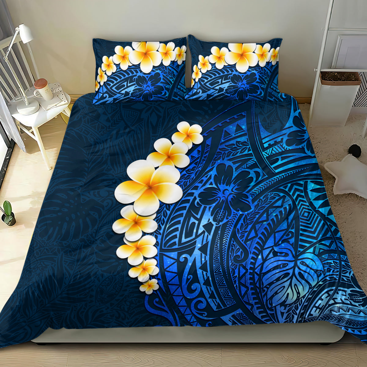 Blue Polynesia Bedding Set Plumeria Tropical Leaves With Galaxy Polynesian Art - Wonder Print Shop