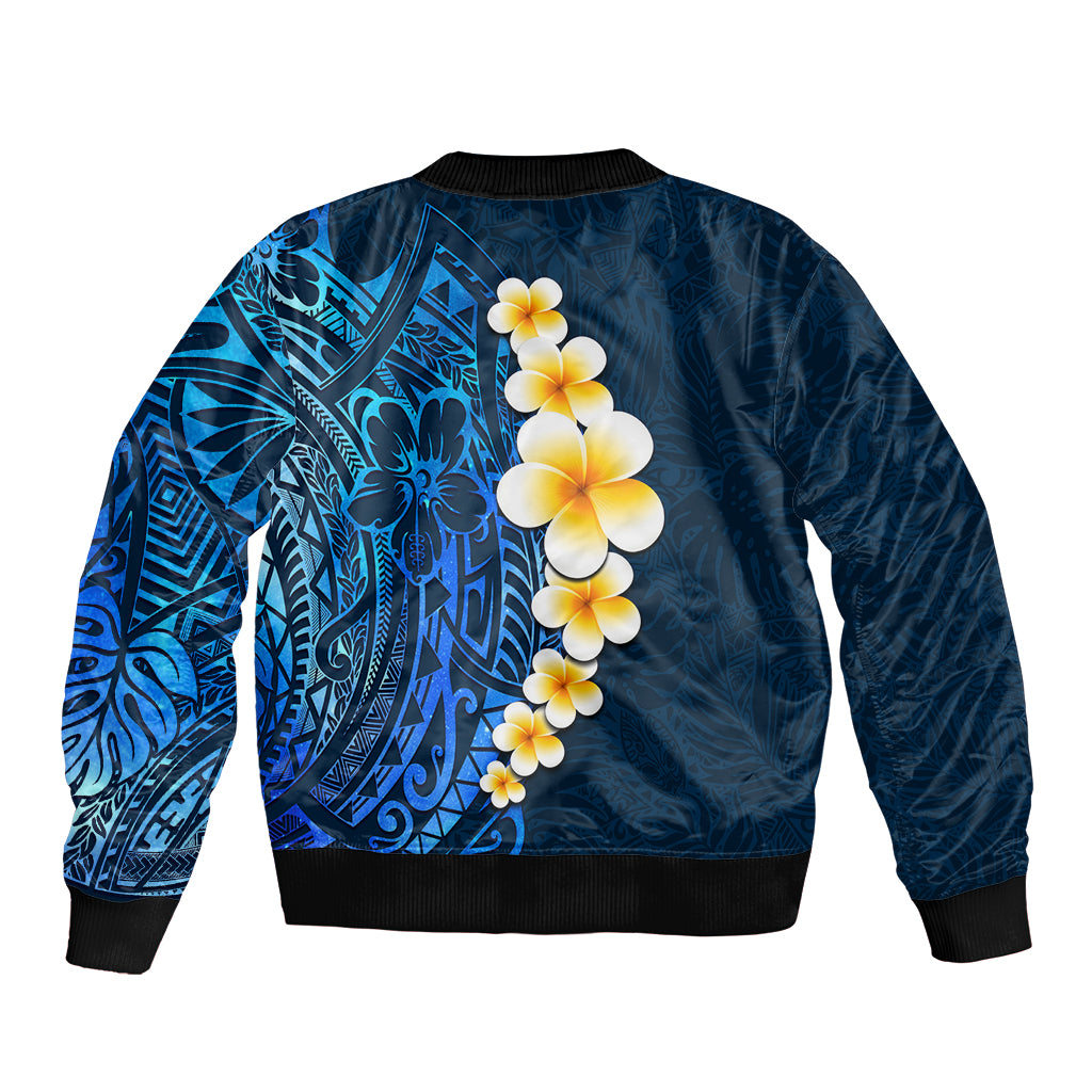 Blue Polynesia Bomber Jacket Plumeria Tropical Leaves With Galaxy Polynesian Art - Wonder Print Shop