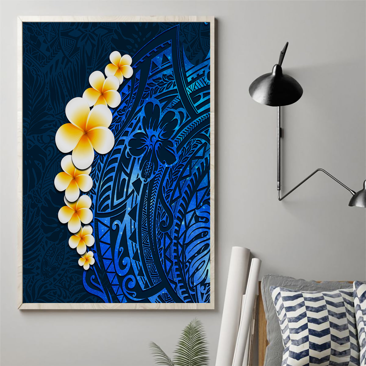 Blue Polynesia Canvas Wall Art Plumeria Tropical Leaves With Galaxy Polynesian Art - Wonder Print Shop