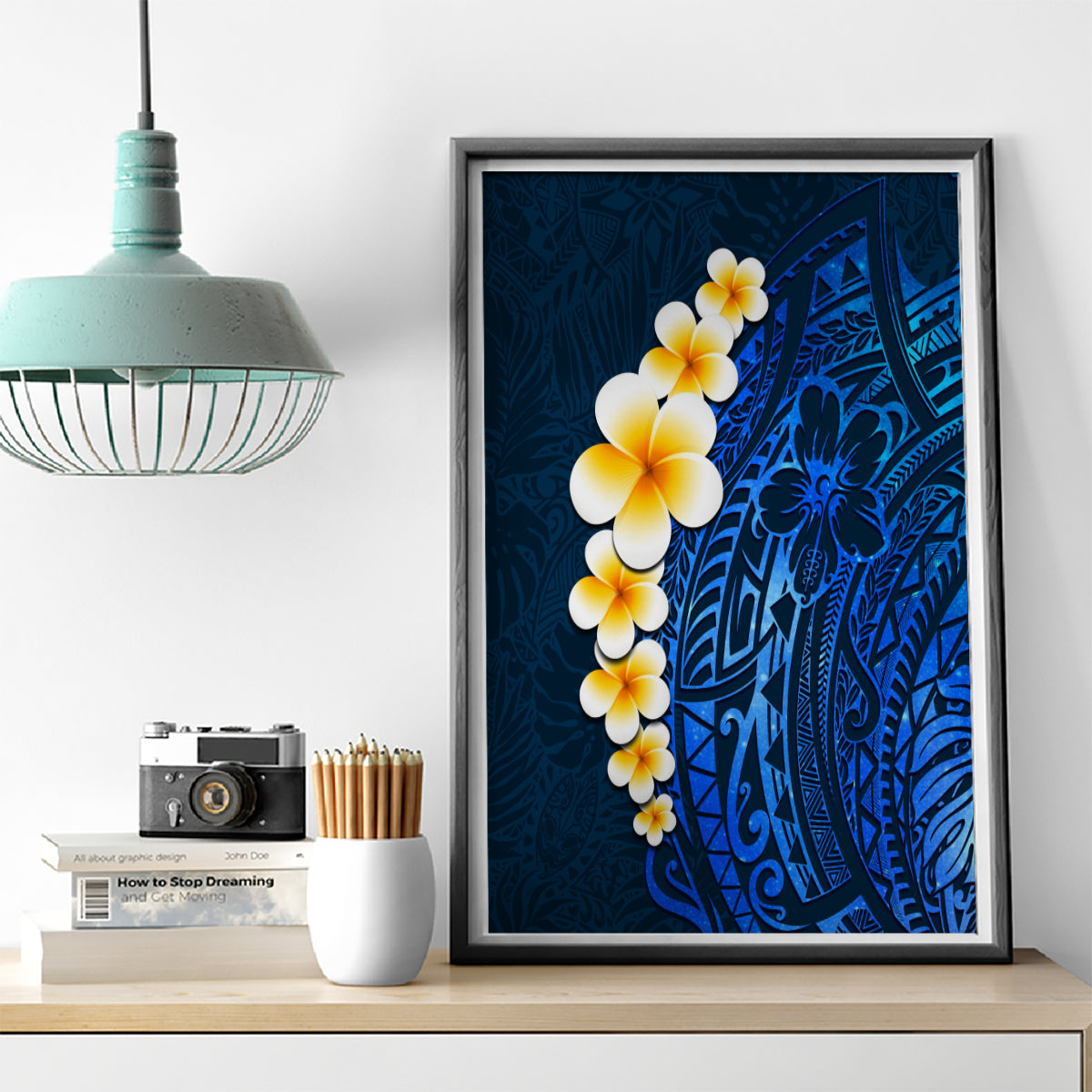 Blue Polynesia Canvas Wall Art Plumeria Tropical Leaves With Galaxy Polynesian Art - Wonder Print Shop