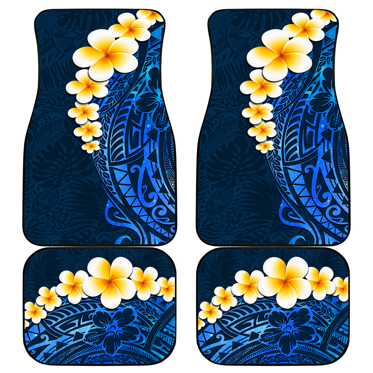 Blue Polynesia Car Mats Plumeria Tropical Leaves With Galaxy Polynesian Art - Wonder Print Shop