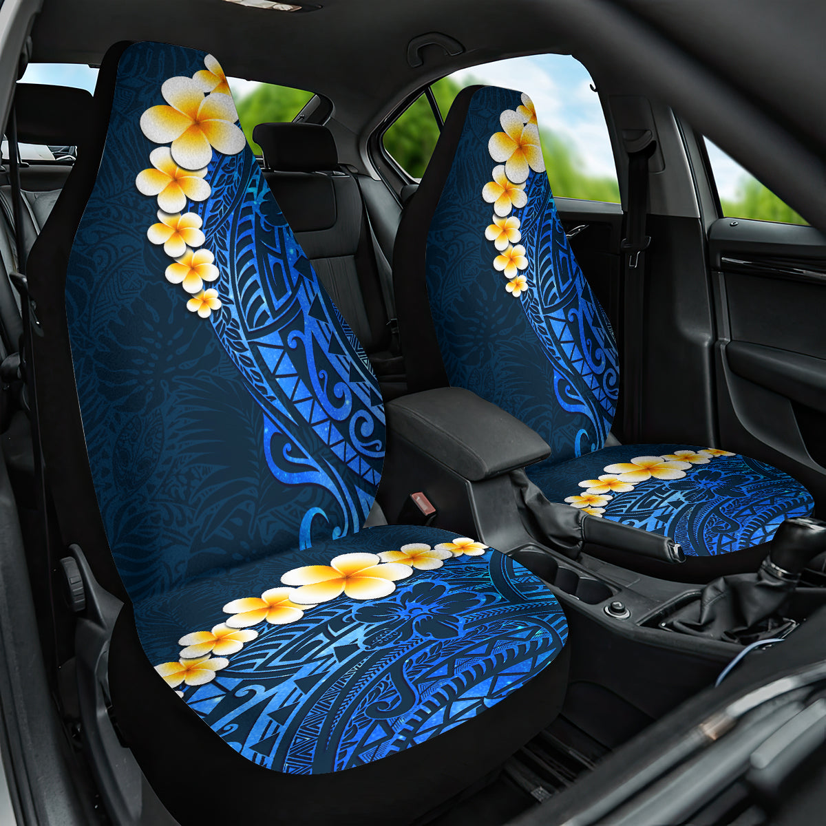 Blue Polynesia Car Seat Cover Plumeria Tropical Leaves With Galaxy Polynesian Art - Wonder Print Shop