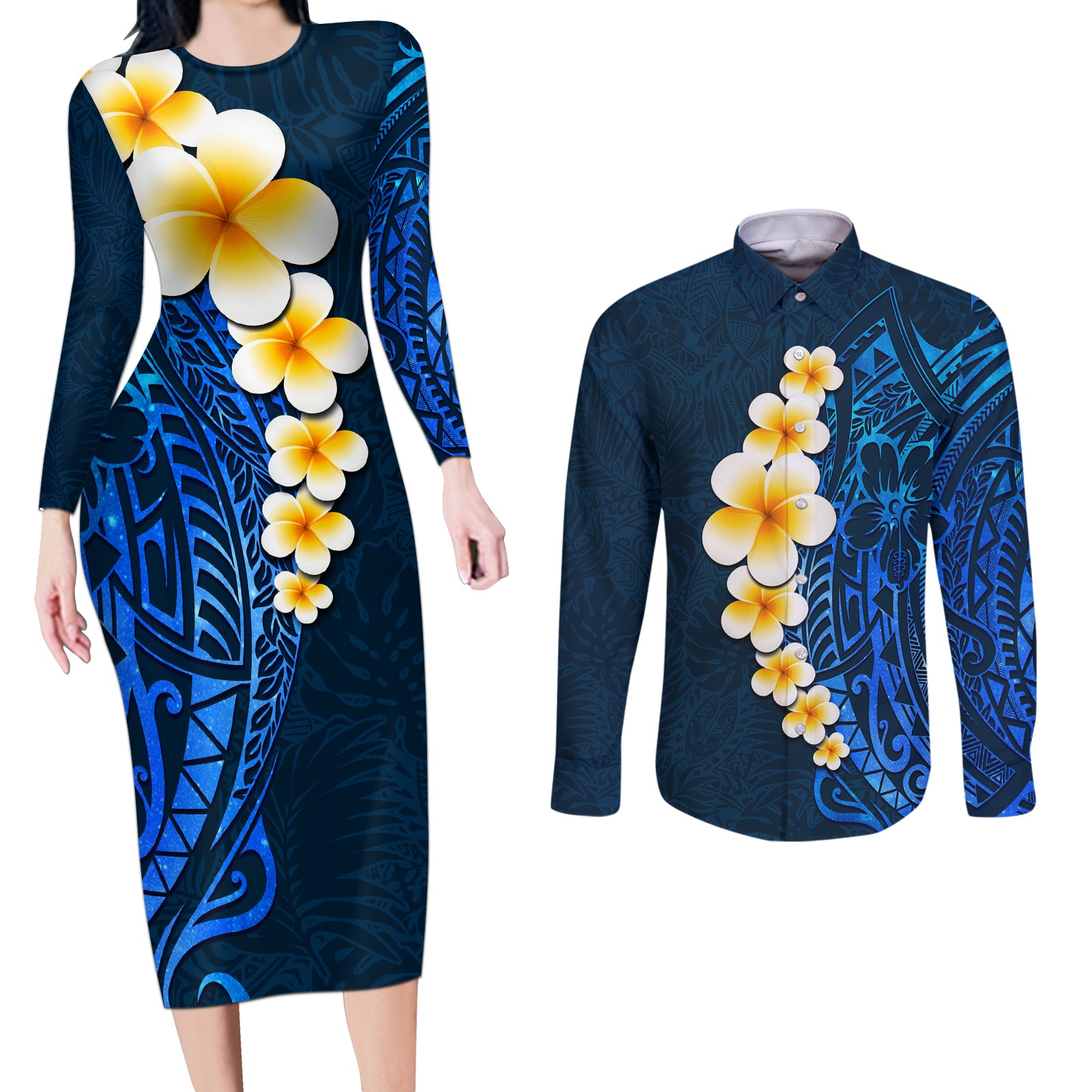 Blue Polynesia Couples Matching Long Sleeve Bodycon Dress and Long Sleeve Button Shirt Plumeria Tropical Leaves With Galaxy Polynesian Art - Wonder Print Shop