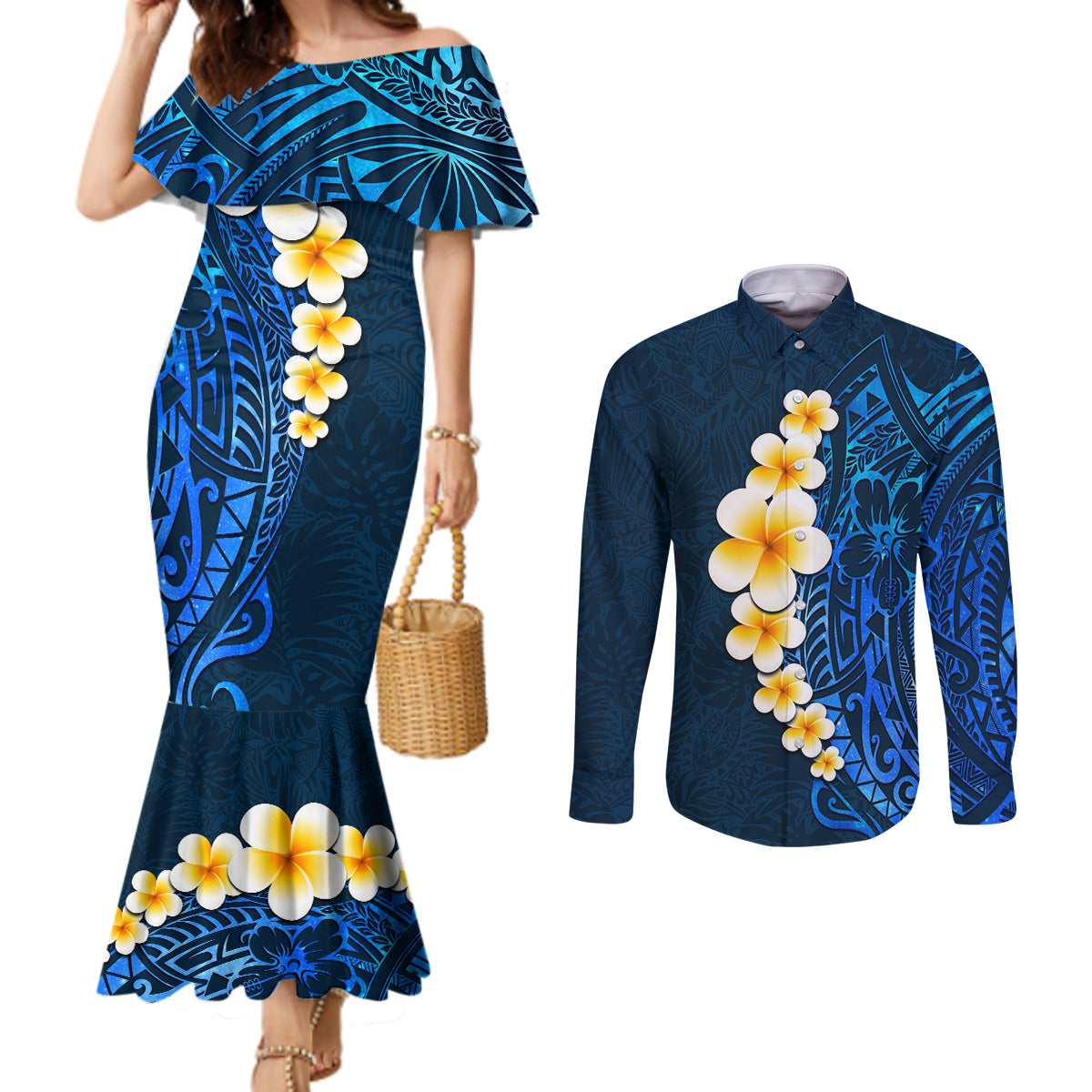 blue-polynesia-couples-matching-mermaid-dress-and-long-sleeve-button-shirt-plumeria-tropical-leaves-with-galaxy-polynesian-art