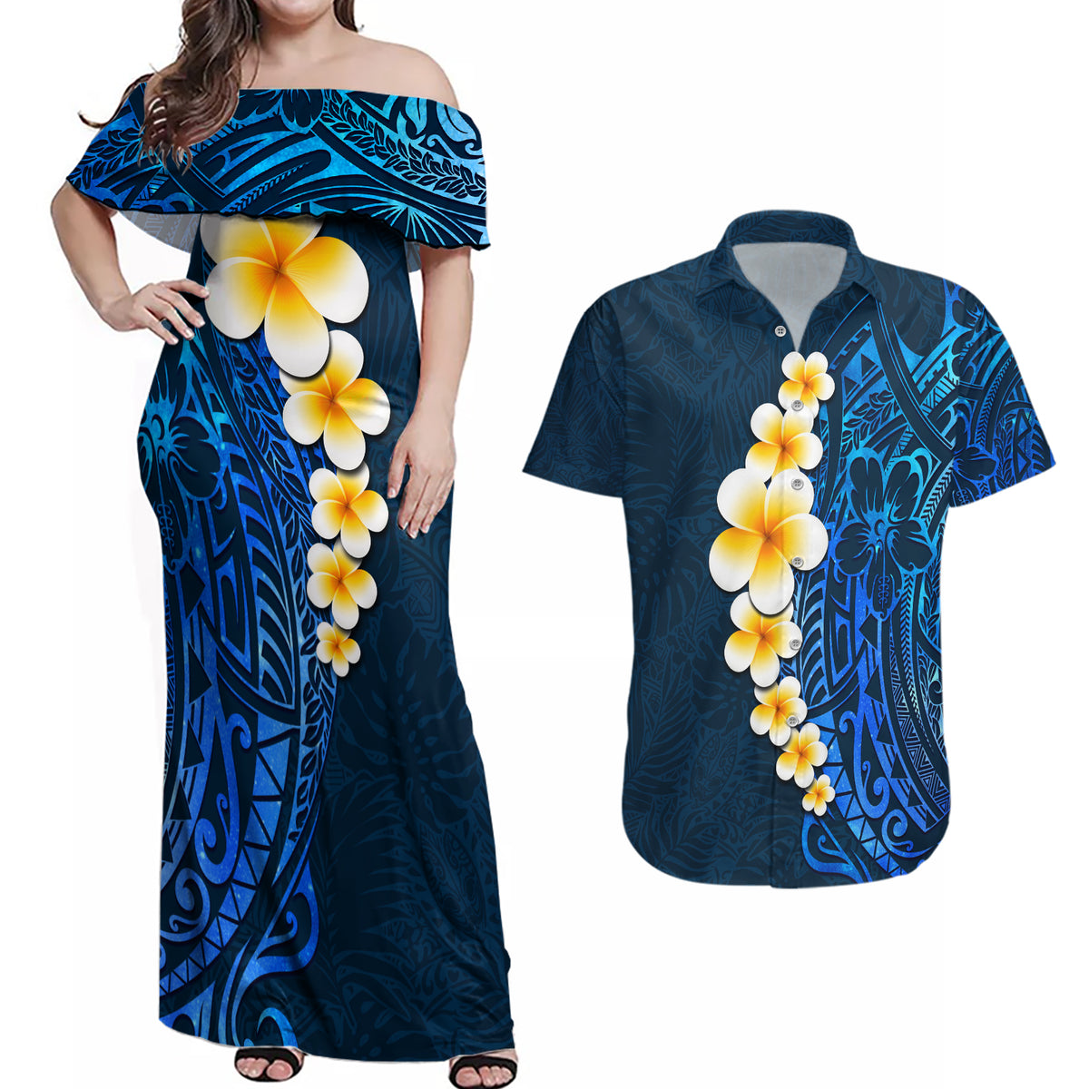 Blue Polynesia Couples Matching Off Shoulder Maxi Dress and Hawaiian Shirt Plumeria Tropical Leaves With Galaxy Polynesian Art - Wonder Print Shop