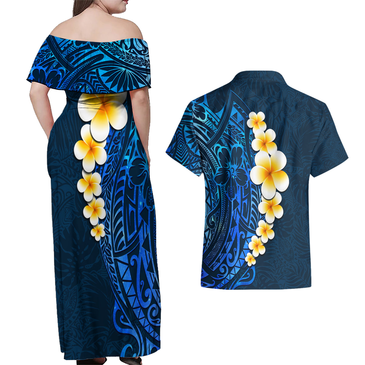 Blue Polynesia Couples Matching Off Shoulder Maxi Dress and Hawaiian Shirt Plumeria Tropical Leaves With Galaxy Polynesian Art - Wonder Print Shop