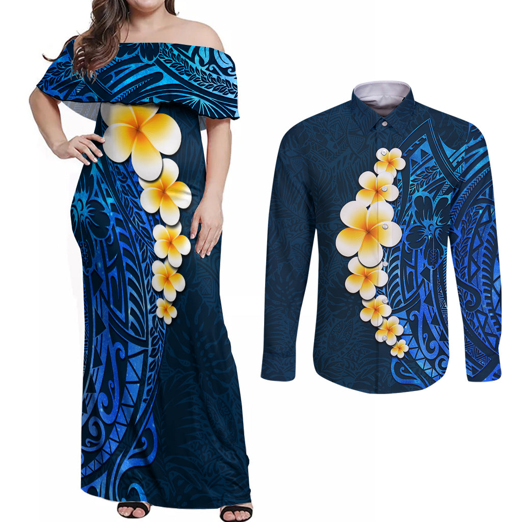 Blue Polynesia Couples Matching Off Shoulder Maxi Dress and Long Sleeve Button Shirt Plumeria Tropical Leaves With Galaxy Polynesian Art - Wonder Print Shop