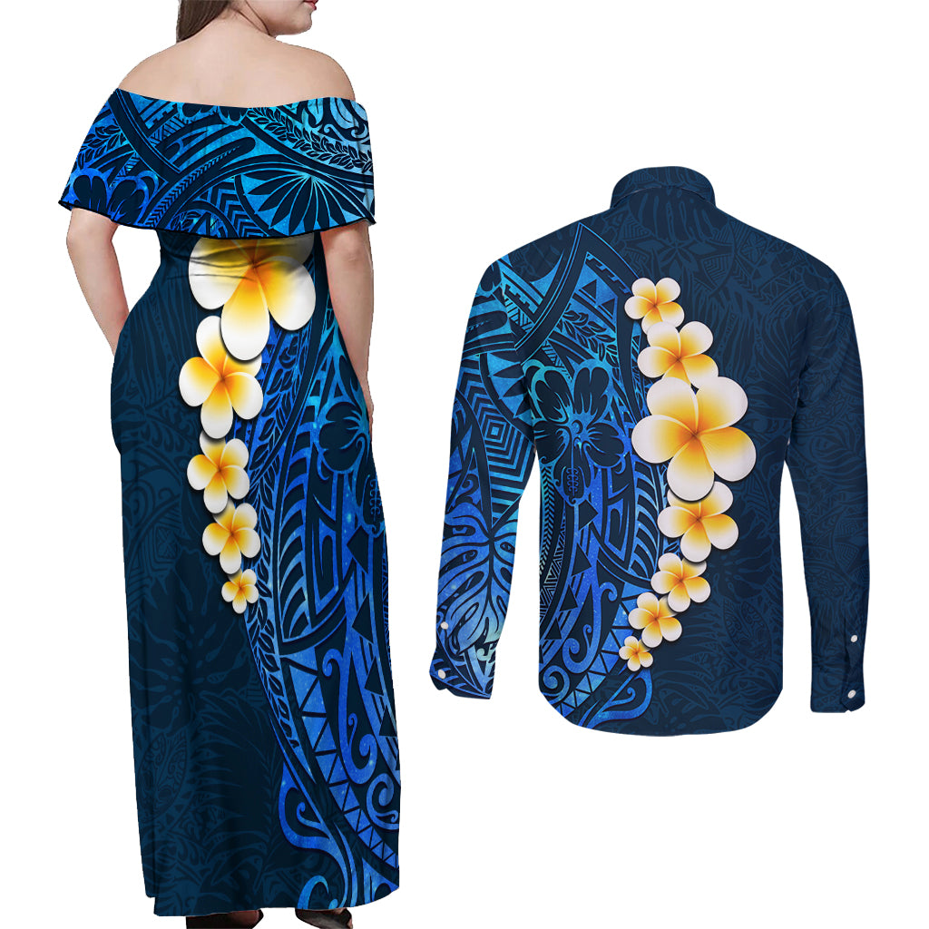 Blue Polynesia Couples Matching Off Shoulder Maxi Dress and Long Sleeve Button Shirt Plumeria Tropical Leaves With Galaxy Polynesian Art - Wonder Print Shop