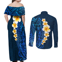 Blue Polynesia Couples Matching Off Shoulder Maxi Dress and Long Sleeve Button Shirt Plumeria Tropical Leaves With Galaxy Polynesian Art - Wonder Print Shop