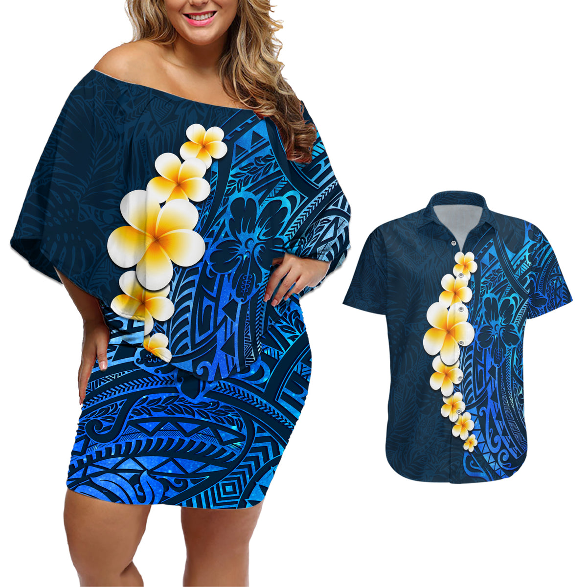 Blue Polynesia Couples Matching Off Shoulder Short Dress and Hawaiian Shirt Plumeria Tropical Leaves With Galaxy Polynesian Art - Wonder Print Shop