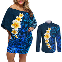 Blue Polynesia Couples Matching Off Shoulder Short Dress and Long Sleeve Button Shirt Plumeria Tropical Leaves With Galaxy Polynesian Art - Wonder Print Shop