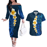 Blue Polynesia Couples Matching Off The Shoulder Long Sleeve Dress and Hawaiian Shirt Plumeria Tropical Leaves With Galaxy Polynesian Art - Wonder Print Shop