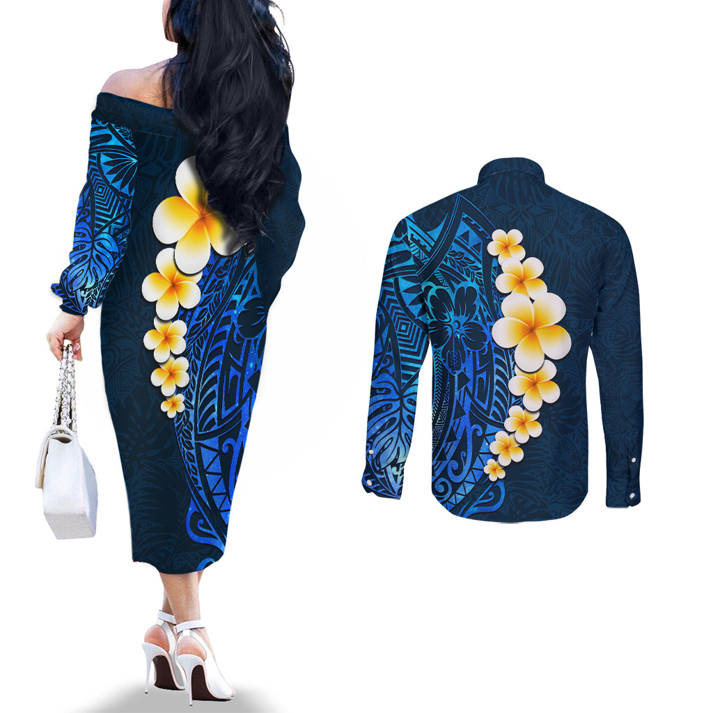 blue-polynesia-couples-matching-off-the-shoulder-long-sleeve-dress-and-long-sleeve-button-shirt-plumeria-tropical-leaves-with-galaxy-polynesian-art