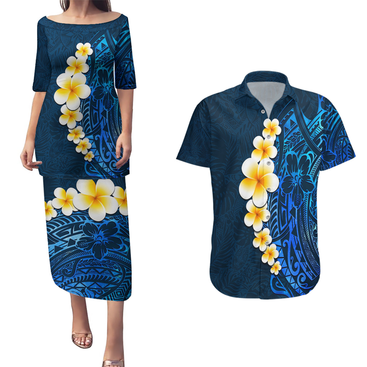 Blue Polynesia Couples Matching Puletasi Dress and Hawaiian Shirt Plumeria Tropical Leaves With Galaxy Polynesian Art - Wonder Print Shop