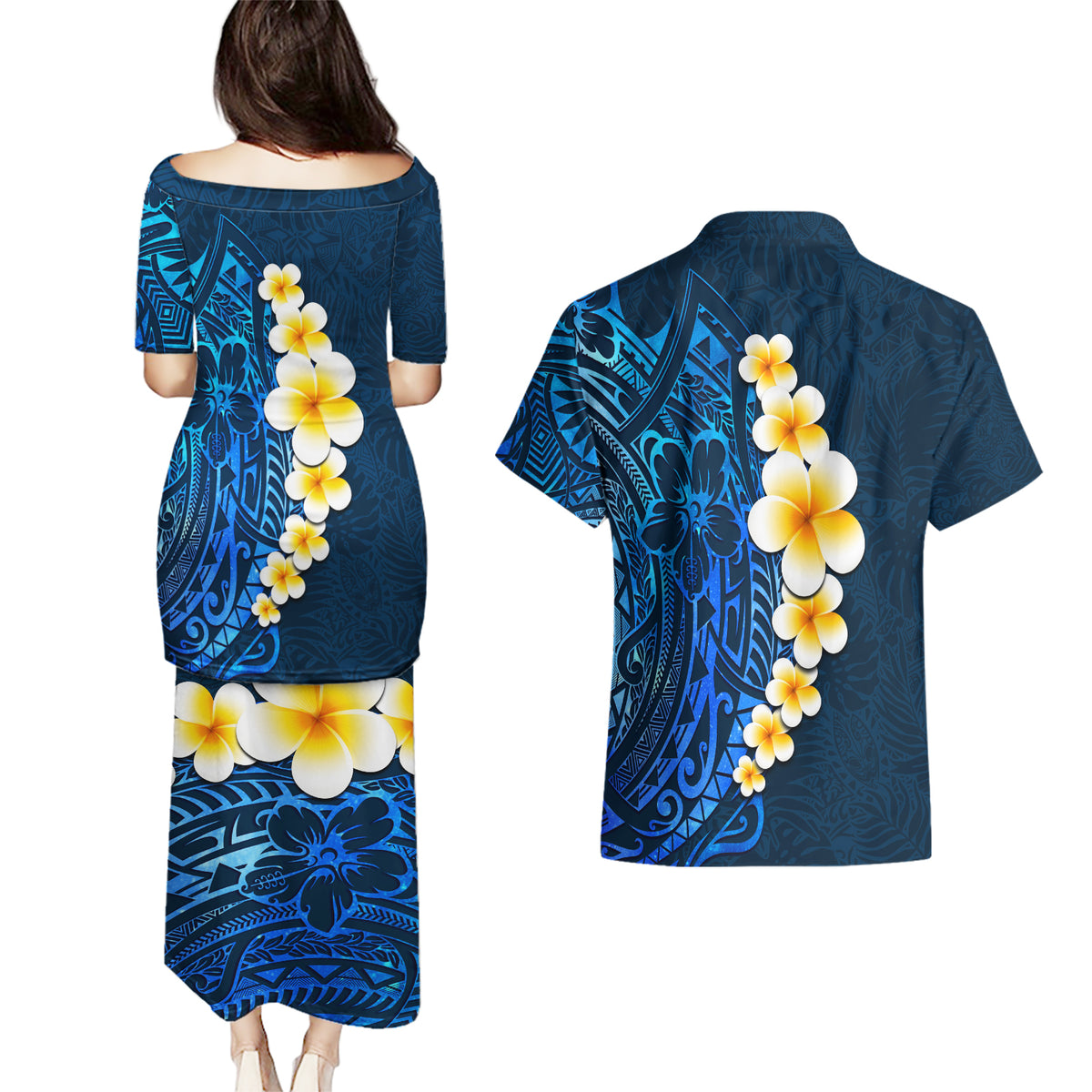 Blue Polynesia Couples Matching Puletasi Dress and Hawaiian Shirt Plumeria Tropical Leaves With Galaxy Polynesian Art - Wonder Print Shop