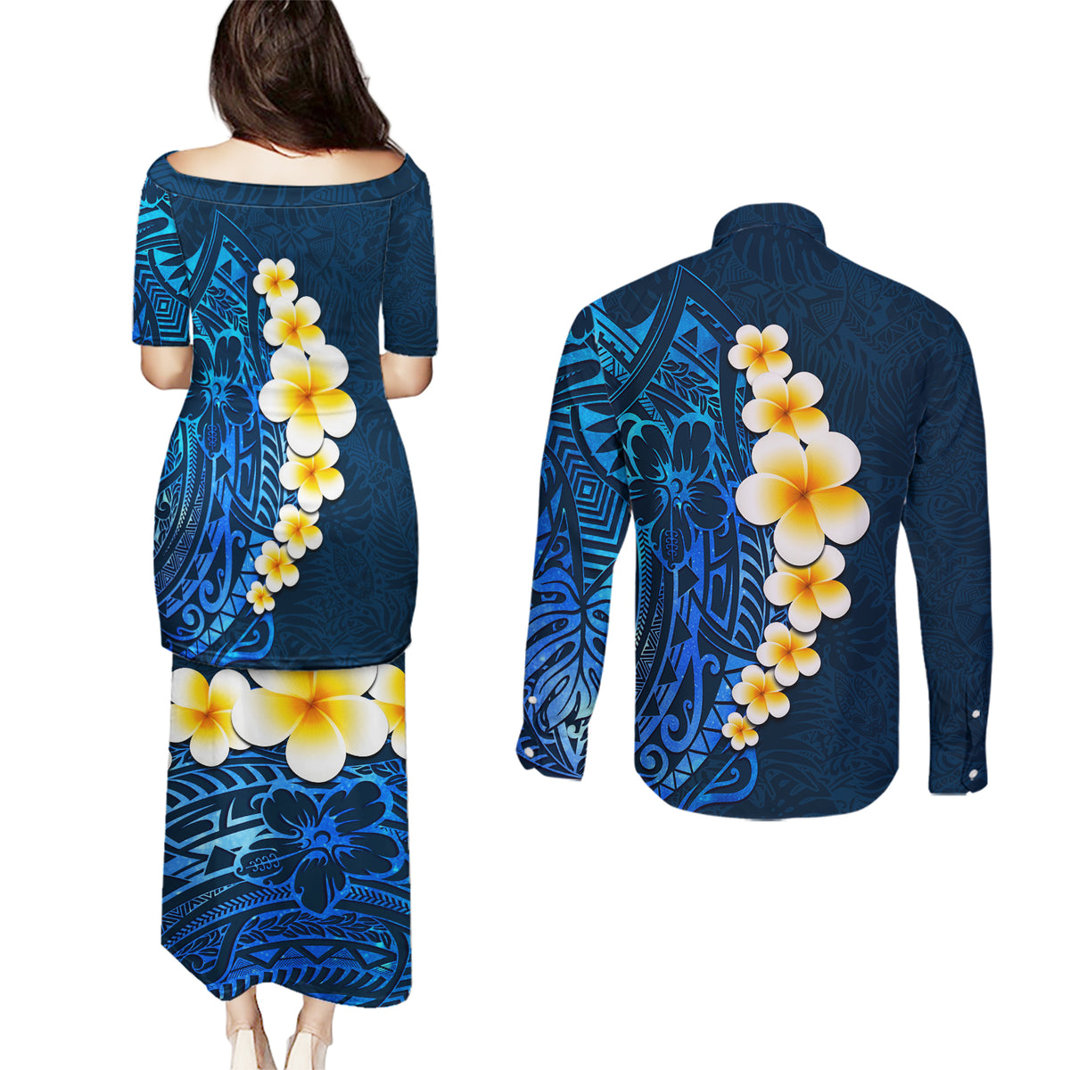 Blue Polynesia Couples Matching Puletasi Dress and Long Sleeve Button Shirt Plumeria Tropical Leaves With Galaxy Polynesian Art - Wonder Print Shop