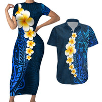 Blue Polynesia Couples Matching Short Sleeve Bodycon Dress and Hawaiian Shirt Plumeria Tropical Leaves With Galaxy Polynesian Art - Wonder Print Shop