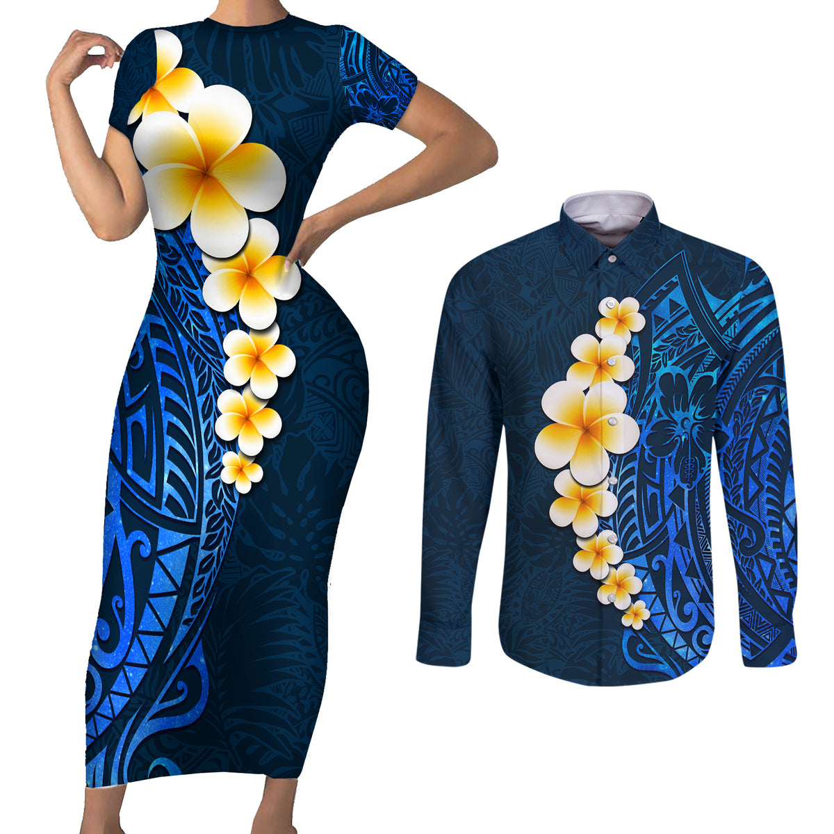 Blue Polynesia Couples Matching Short Sleeve Bodycon Dress and Long Sleeve Button Shirt Plumeria Tropical Leaves With Galaxy Polynesian Art - Wonder Print Shop