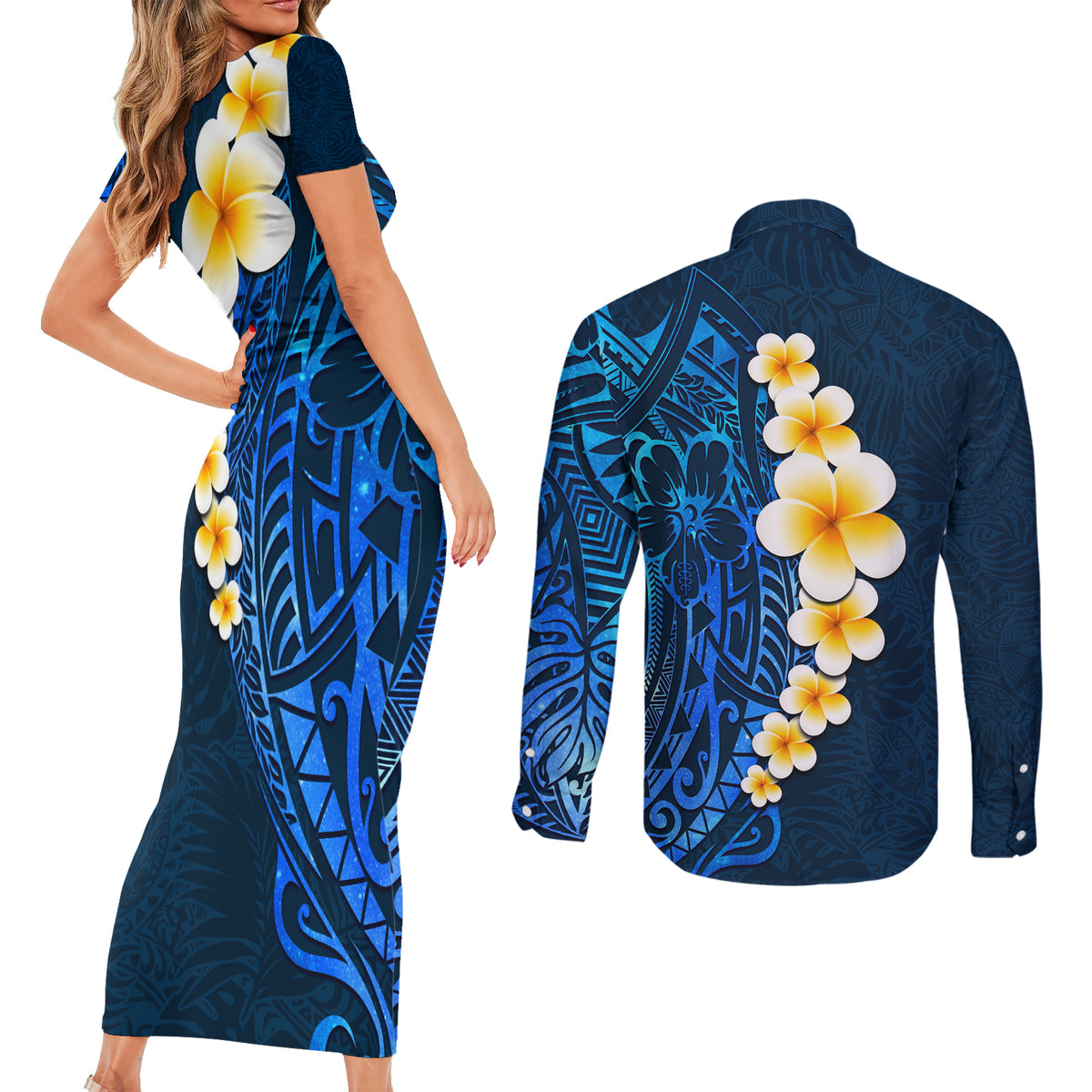 Blue Polynesia Couples Matching Short Sleeve Bodycon Dress and Long Sleeve Button Shirt Plumeria Tropical Leaves With Galaxy Polynesian Art - Wonder Print Shop