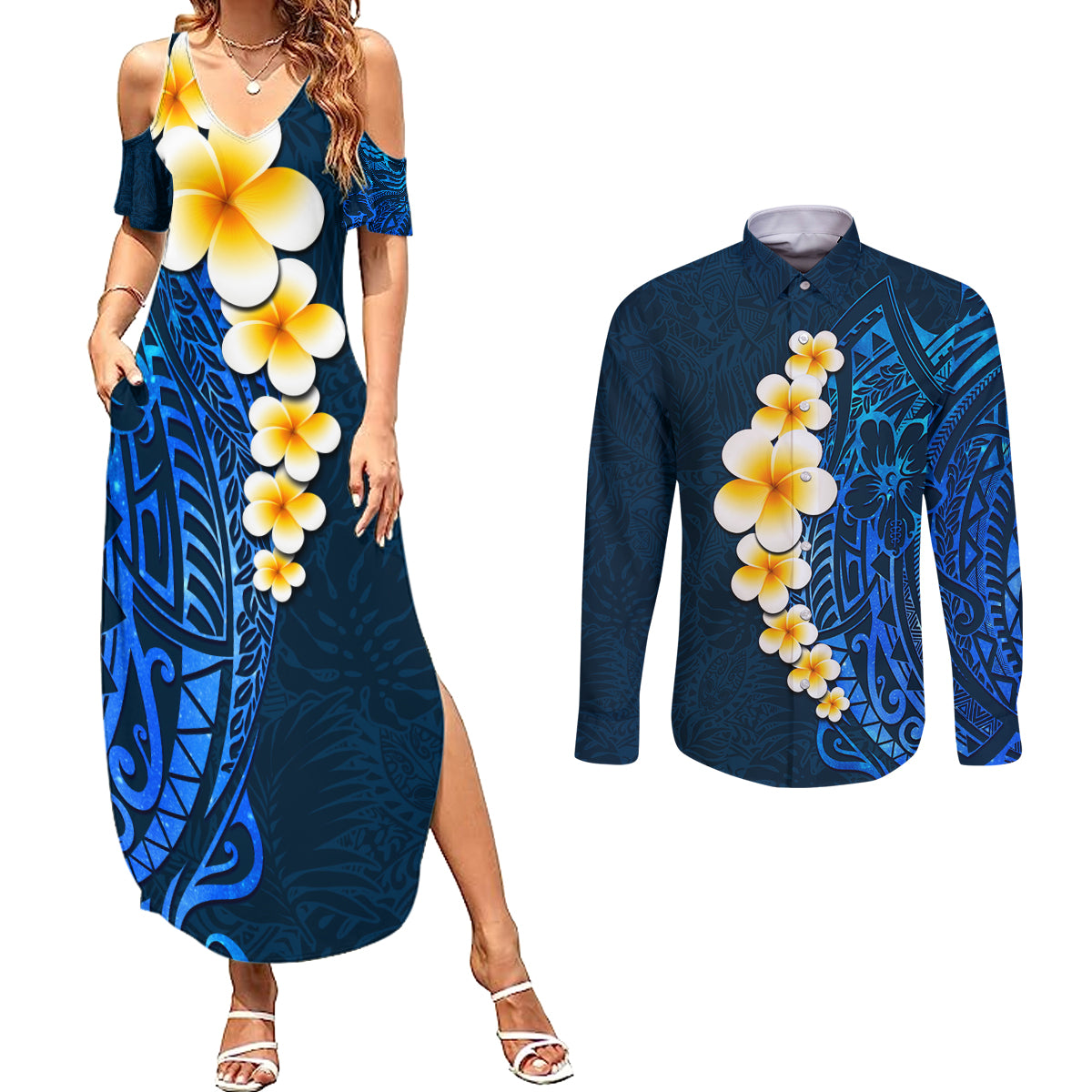 Blue Polynesia Couples Matching Summer Maxi Dress and Long Sleeve Button Shirt Plumeria Tropical Leaves With Galaxy Polynesian Art - Wonder Print Shop