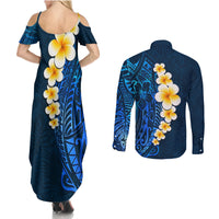Blue Polynesia Couples Matching Summer Maxi Dress and Long Sleeve Button Shirt Plumeria Tropical Leaves With Galaxy Polynesian Art - Wonder Print Shop
