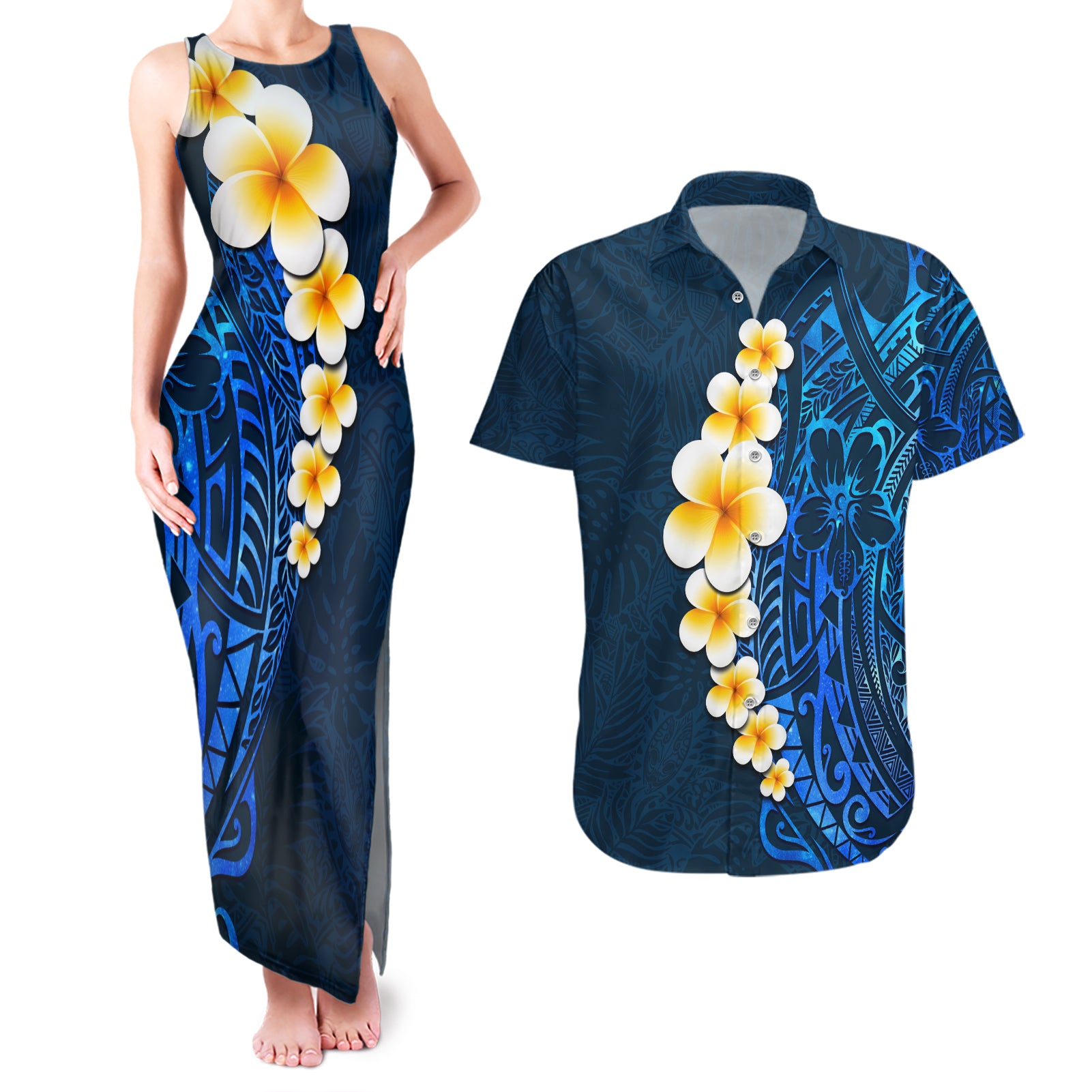 Blue Polynesia Couples Matching Tank Maxi Dress and Hawaiian Shirt Plumeria Tropical Leaves With Galaxy Polynesian Art - Wonder Print Shop