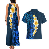 Blue Polynesia Couples Matching Tank Maxi Dress and Hawaiian Shirt Plumeria Tropical Leaves With Galaxy Polynesian Art - Wonder Print Shop