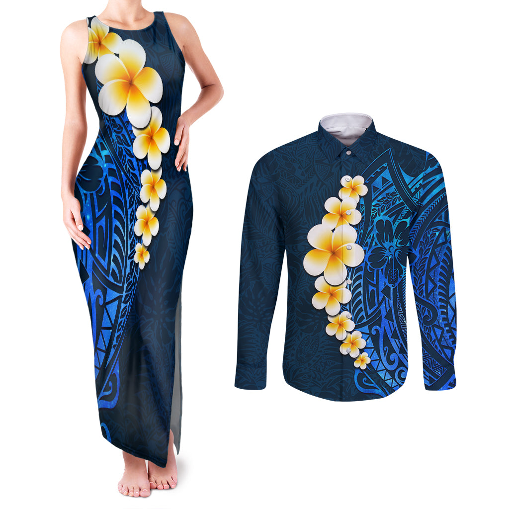 Blue Polynesia Couples Matching Tank Maxi Dress and Long Sleeve Button Shirt Plumeria Tropical Leaves With Galaxy Polynesian Art - Wonder Print Shop