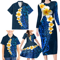 Blue Polynesia Family Matching Long Sleeve Bodycon Dress and Hawaiian Shirt Plumeria Tropical Leaves With Galaxy Polynesian Art - Wonder Print Shop