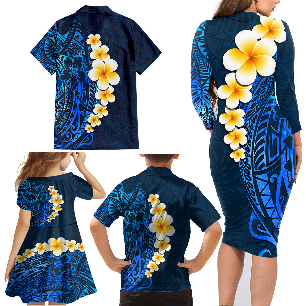Blue Polynesia Family Matching Long Sleeve Bodycon Dress and Hawaiian Shirt Plumeria Tropical Leaves With Galaxy Polynesian Art - Wonder Print Shop